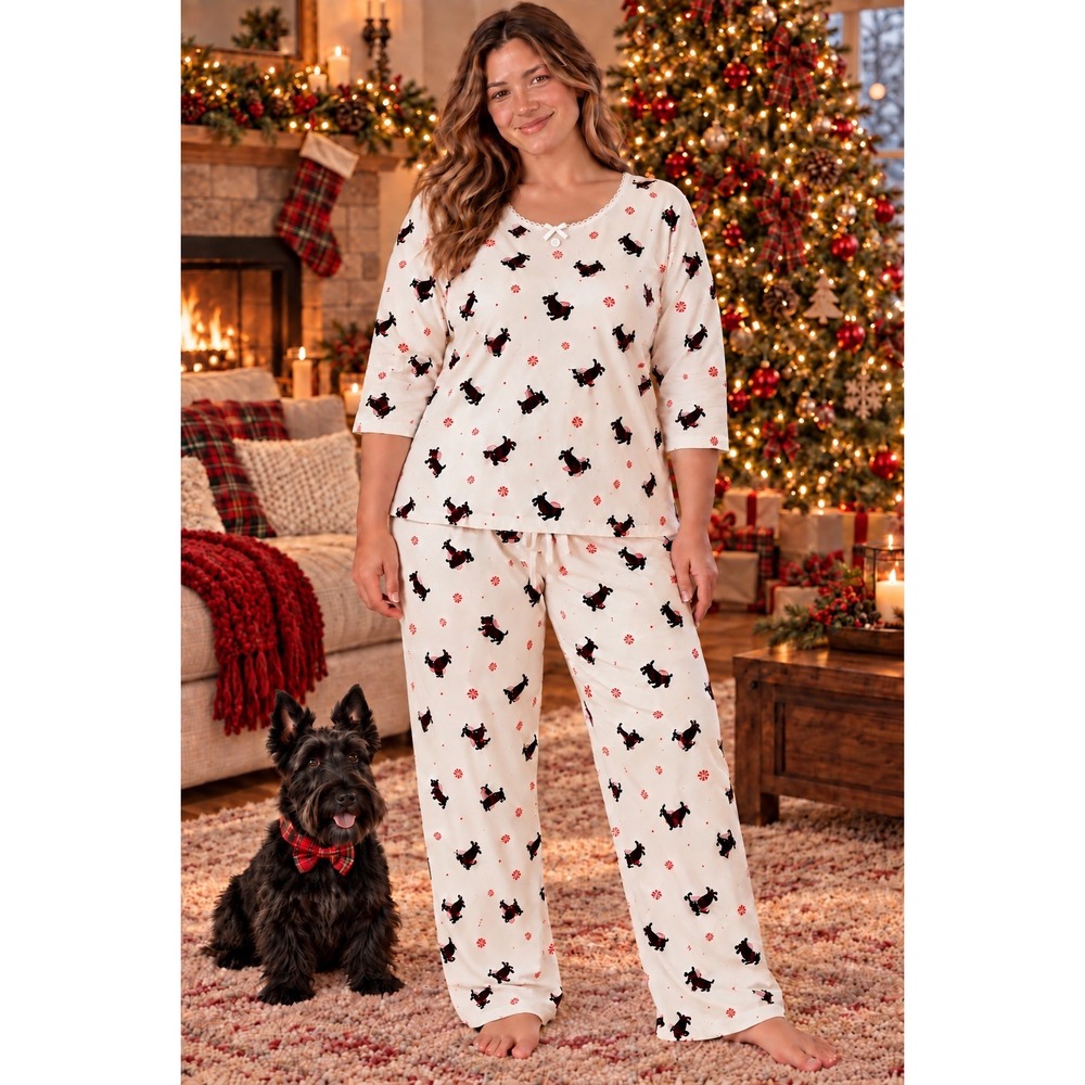 Pajama Set (XL 16-18) 100% Cotton-Christmas Black Scottie Dogs-Cozy-Vacation-EUC
